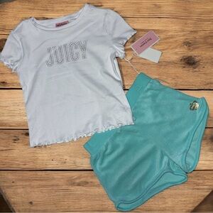 Juicy Couture Girls 2 Piece Set White shirt and Teal terry shorts NWT
